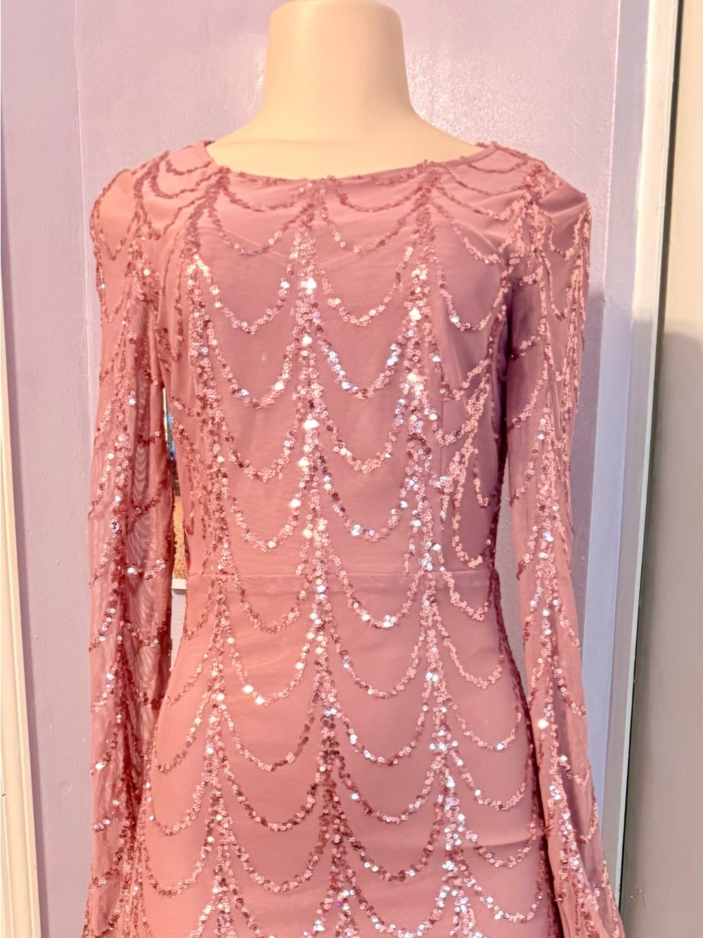 Blush Pink Sequin Long Sleeve Evening Dress